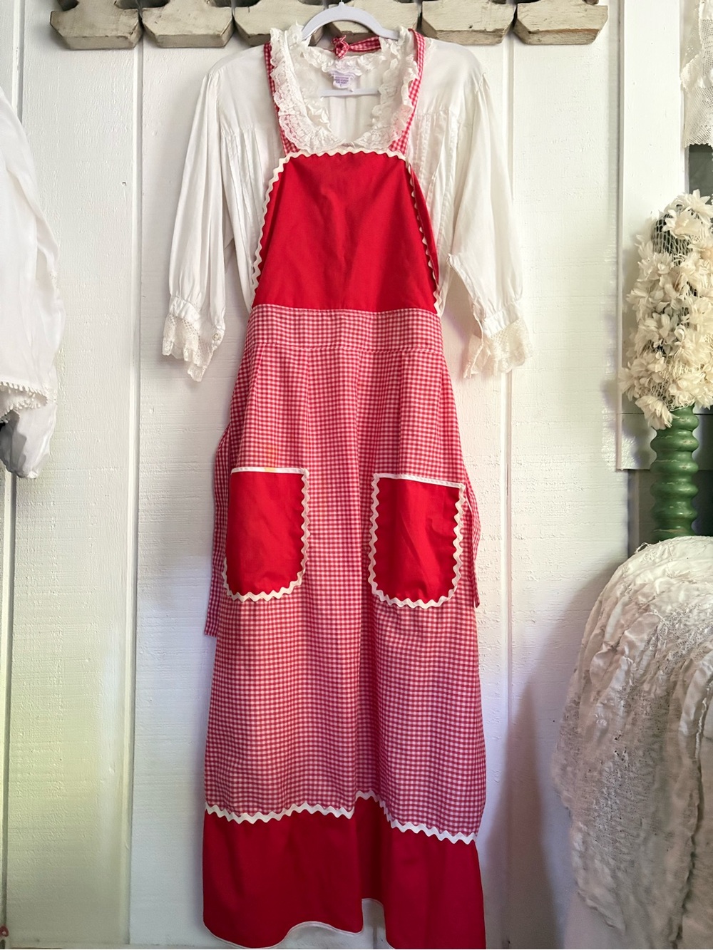 Vintage Red Gingham Apron Long Handmade